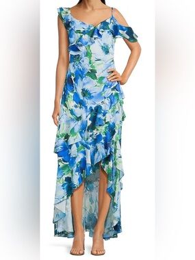 Alex Marie Blue & Green Floral High-Low Ruffle Maxi Dress Skirt NEW